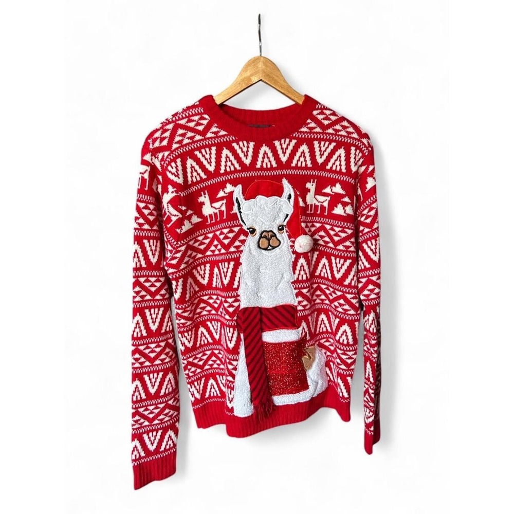 Ugly Christmas Llama Sweater Scarf Pocket 33 Degrees Glitter Cherry Red Kitschy